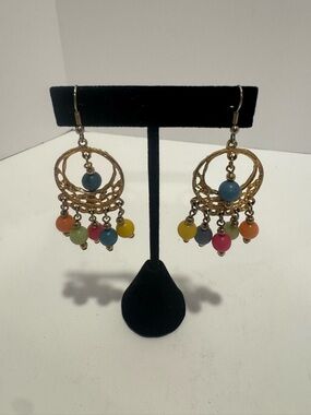 Boho Chandelier Dangle Earrings Gold Tone Multicolor Beads